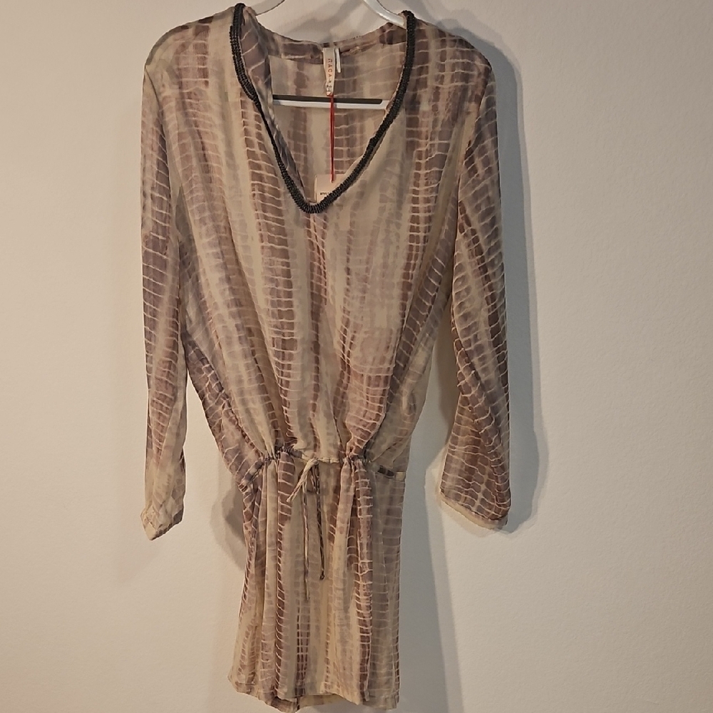 RAGA Neutral Striped Sheer V-Neck Draw string with Beaded Trim Dress Sz M New
